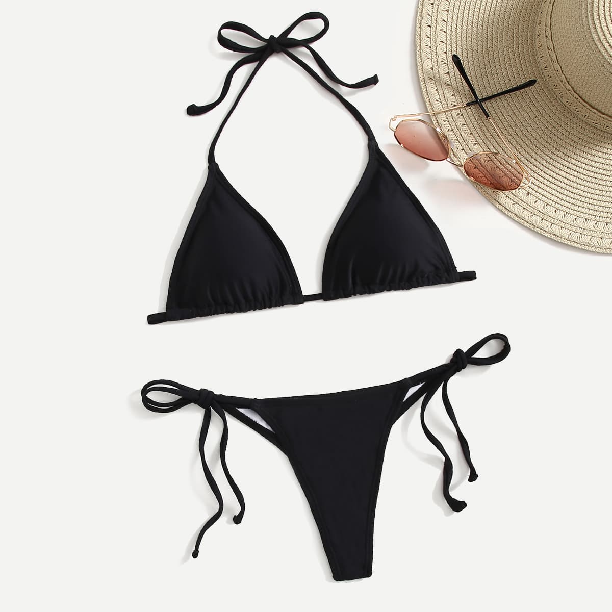 Solid Triangle Bikini Swimsuit, Black