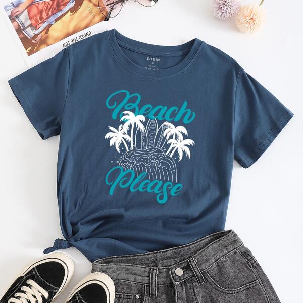 

Tropical And Letter Graphic Tee, Navy blue