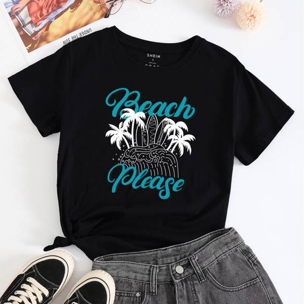 

Tropical And Letter Graphic Tee, Black