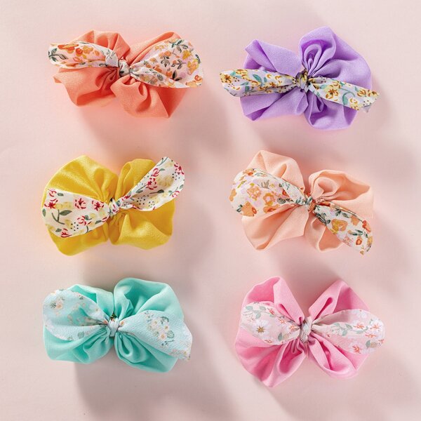 

6pcs Girls Flower Print Bow Decor Hair Clip, Multicolor