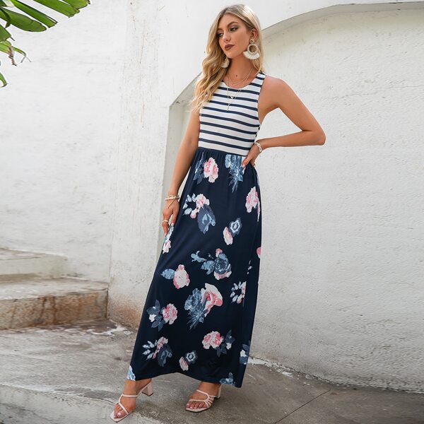 

Striped & Floral Print Combo Dress, Multicolor