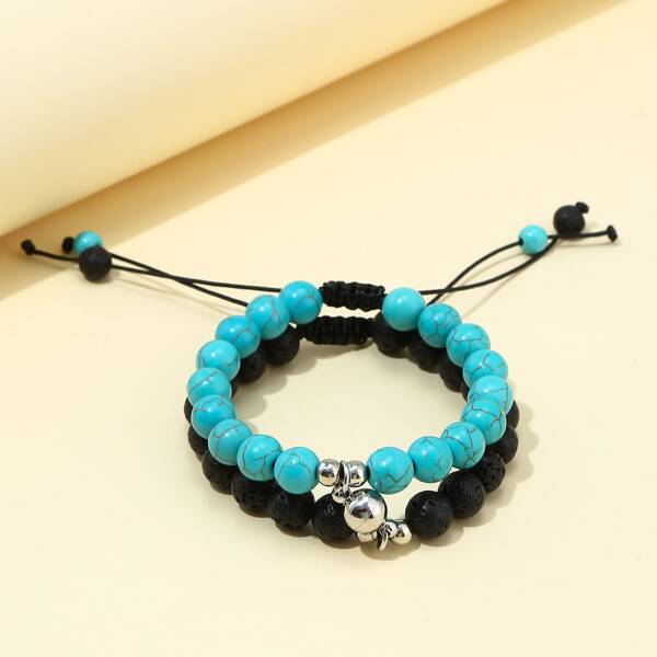 

2pcs Stone Beaded Bracelet, Black