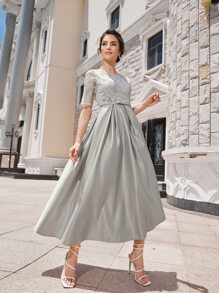 SHEIN 星星刺繡網紗上身腰帶緞面洋裝 - 淺灰色 - 查看 3