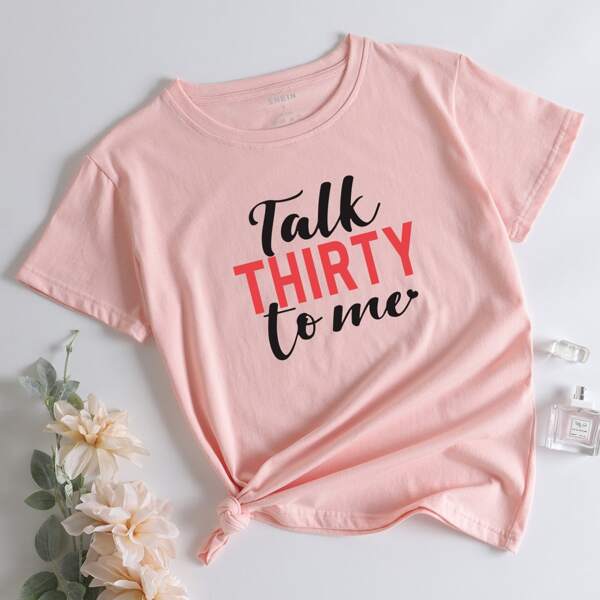 

Slogan Graphic Crew Neck Tee, Baby pink