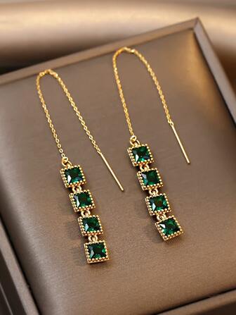 Andkiss Geometric Rhinestone Decor Drop Earrings