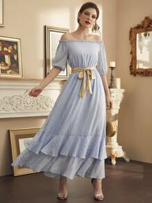 Modelyn 滿版圖案多層荷葉邊腰帶露肩洋裝 - 淺藍色 - 查看 1