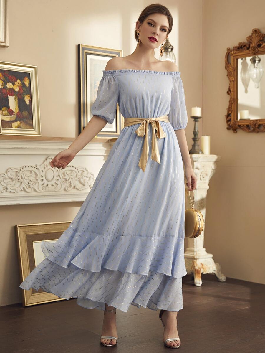 Modelyn 滿版圖案多層荷葉邊腰帶露肩洋裝 - 淺藍色 - 查看 1