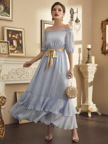 Modelyn 滿版圖案多層荷葉邊腰帶露肩洋裝 - 淺藍色 - 查看 6