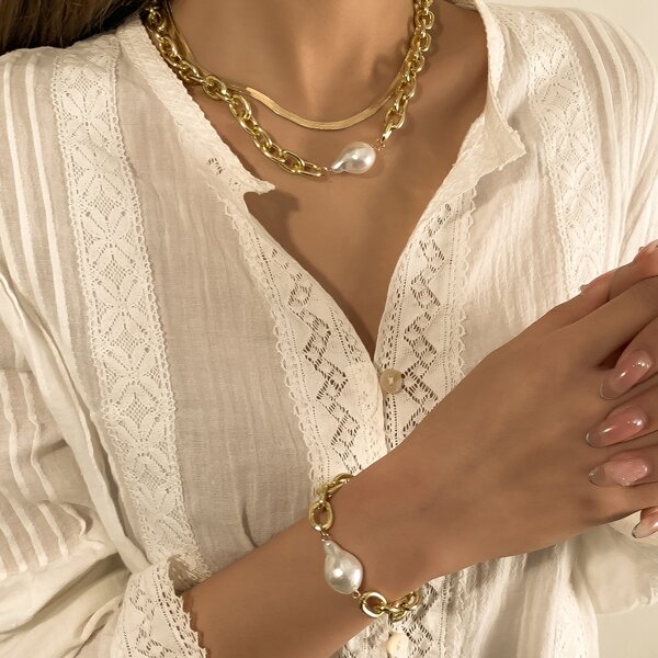 

Faux Pearl Decor Chain Necklace & Bracelet, Gold