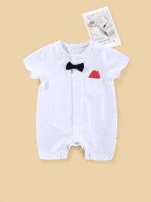 Peninsula Baby 男嬰蝴蝶結細節貼布口袋連身短褲 - 白色 - 查看 1