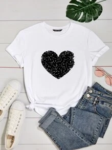 SHEIN LUNE Plus Heart Print Tee For Summer - White - View 1