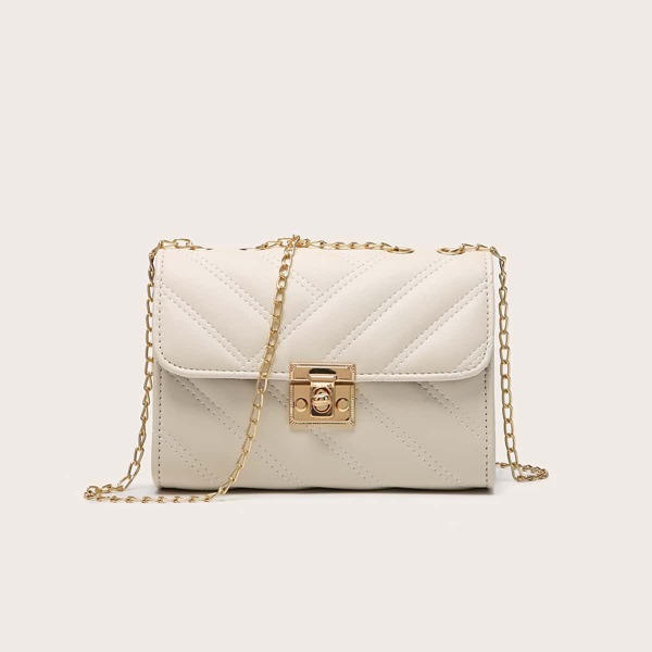 

Metal Lock Chain Shoulder Bag, Beige