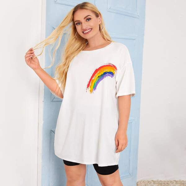 

Plus Cartoon Rainbow Drop Shoulder Tee, White