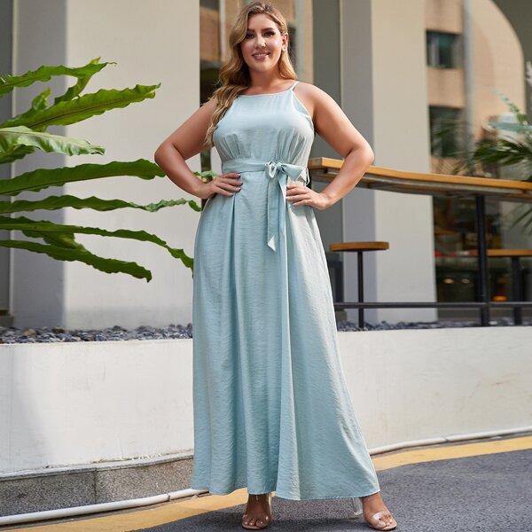 

Plus Solid Self Belted Cami Dress, Mint green