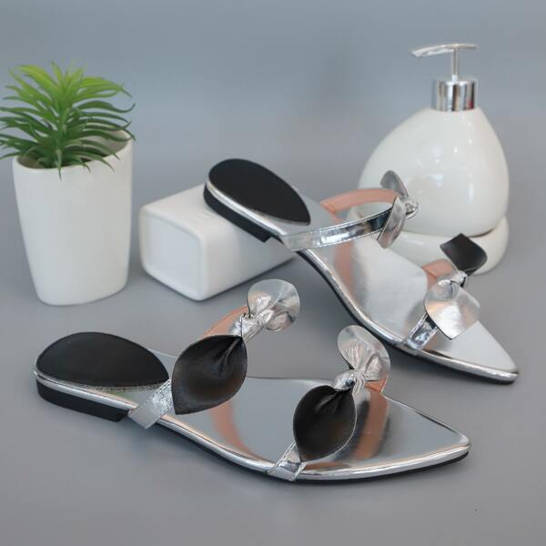 

Metallic Bow Decor Two Tone Slide Sandals, Silver