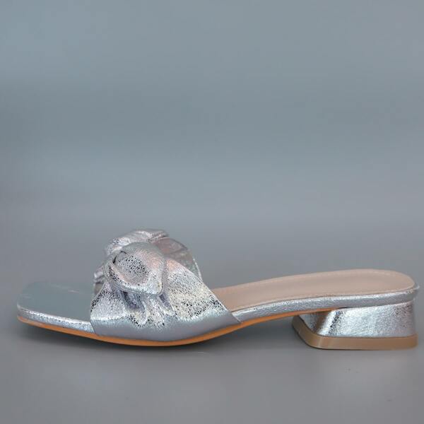 

Metallic Bow Decor Block Heeled Mules, Silver