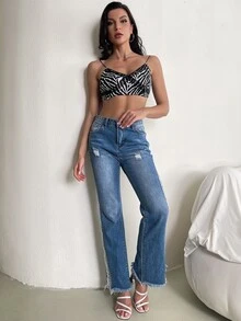 D&M 蕾絲邊斑馬紋條紋吊帶上衣 - 黑與白 - 查看 5