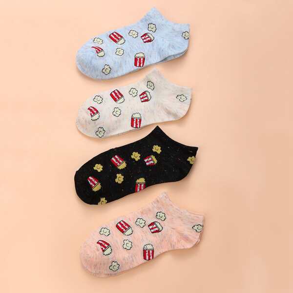 

4pairs Popcorn Print Ankle Socks, Multicolor