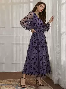 Modelyn 花卉網紗腰帶前交叉洋裝