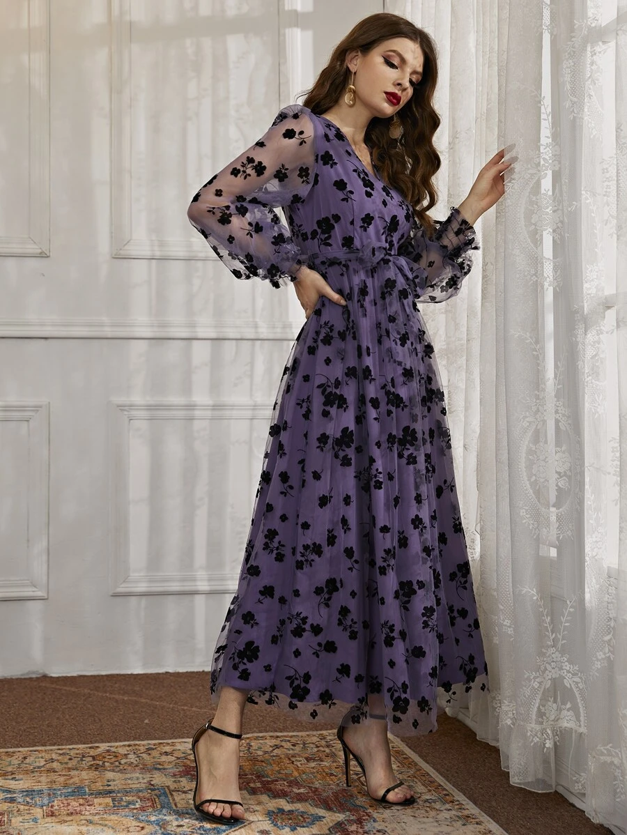 Modelyn 花卉網紗腰帶前交叉洋裝