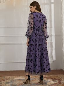 Modelyn 花卉網紗腰帶前交叉洋裝