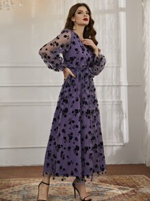 Modelyn 花卉網紗腰帶前交叉洋裝