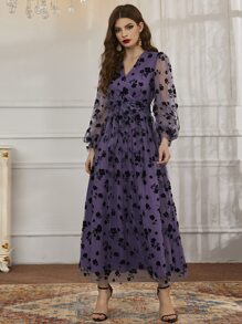 Modelyn 花卉網紗腰帶前交叉洋裝