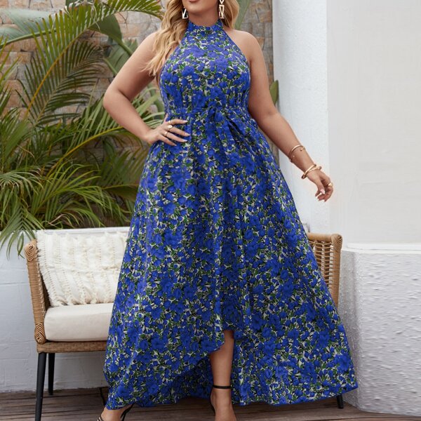 

Plus High Low Hem Allover Floral Belted Dress, Blue