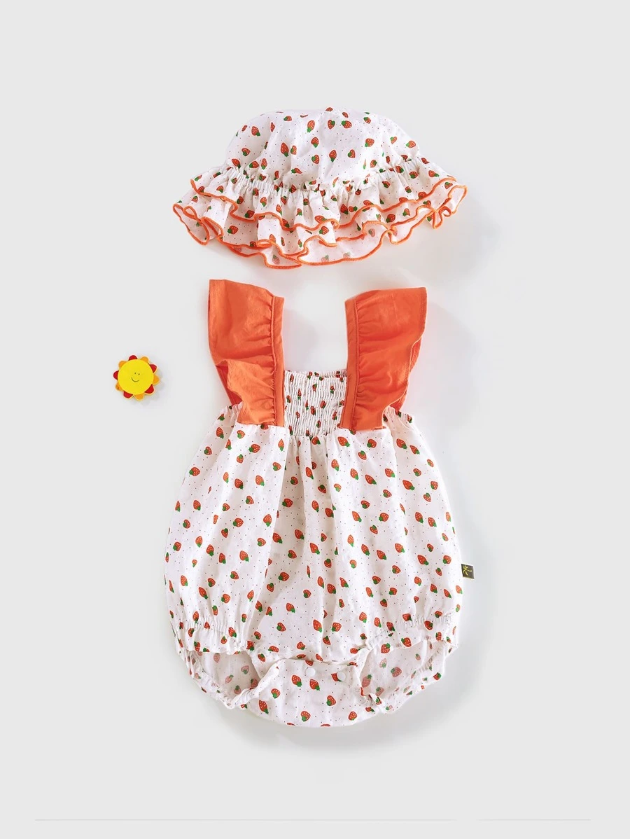 Peninsula Baby 女婴草莓圖案荷葉邊連體衣帶帽