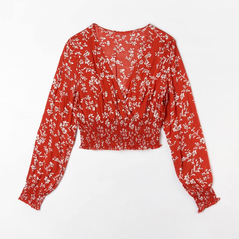 

Ditsy Floral Wrap Shirred Blouse, Red