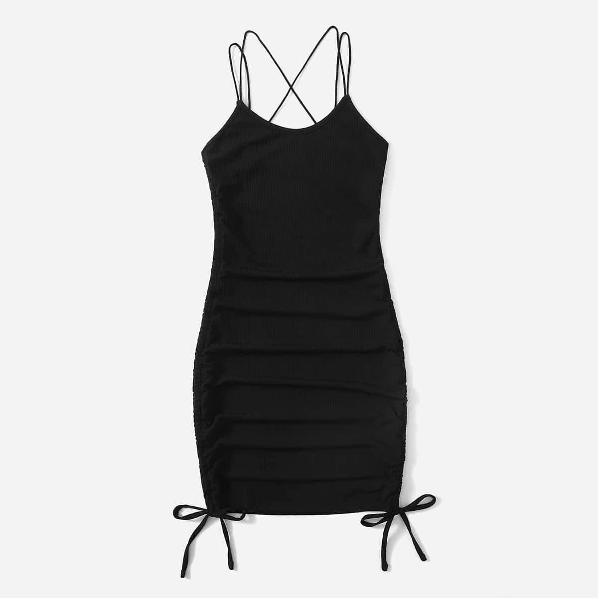 

Solid Drawstring Ruched Ribbed Dress, Black