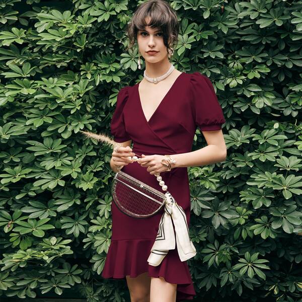 

Surplice Neck Puff Sleeve Fitted Dress, Burgundy