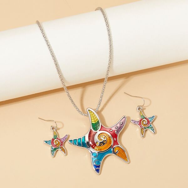 

1pc Star Pendant Necklace & 1pair Drop Earrings, Multicolor