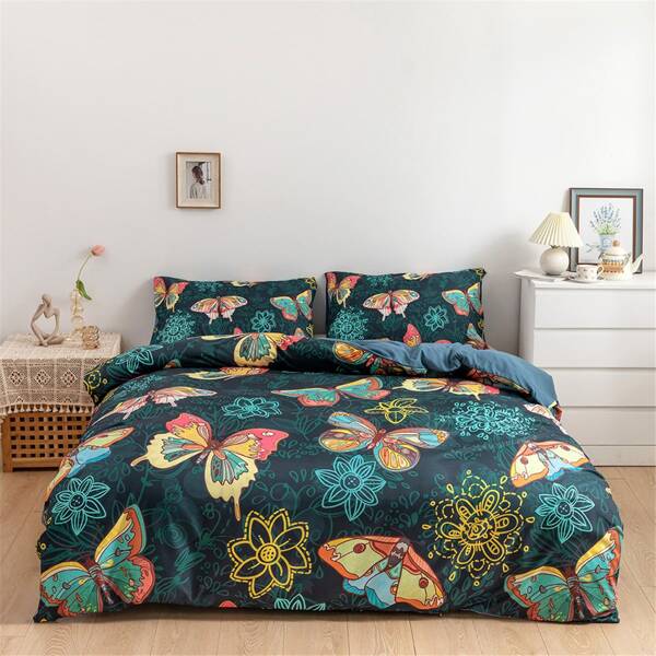 

Butterfly Print Duvet Cover Set Without Filler, Multicolor