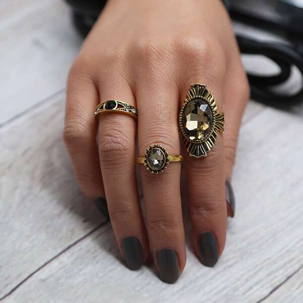 

3pcs Gemstone Decor Ring, Gold