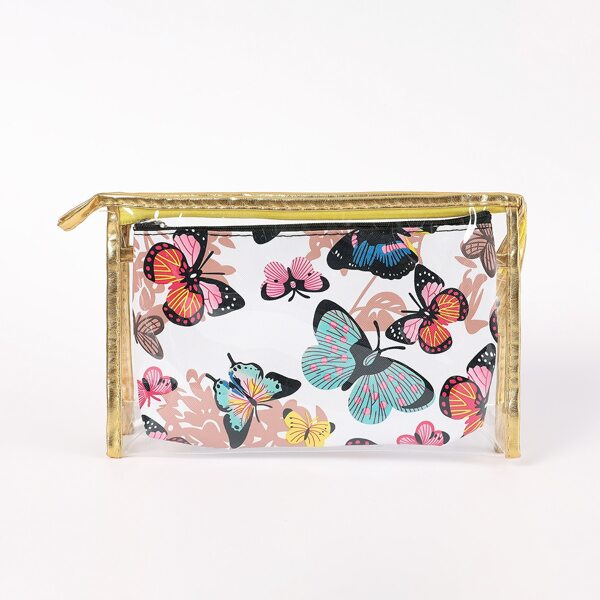 

2pcs Butterfly Pattern Zipper Makeup Bag, Multicolor