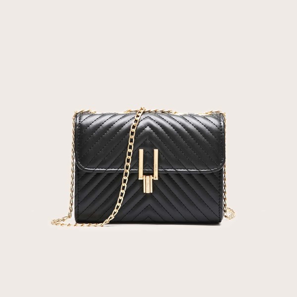 

Metal Lock Chevron Graphic Chain Shoulder Bag, Black