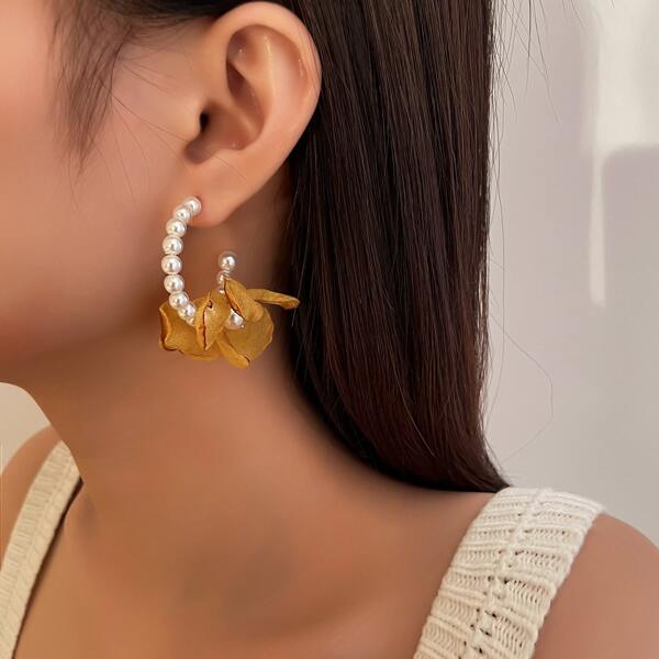 

Faux Pearl & Fabric Flower Decor Earrings, Yellow