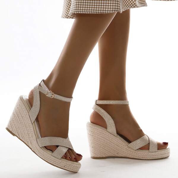 

Glitter Decor Ankle Strap Wedge Sandals, Gold