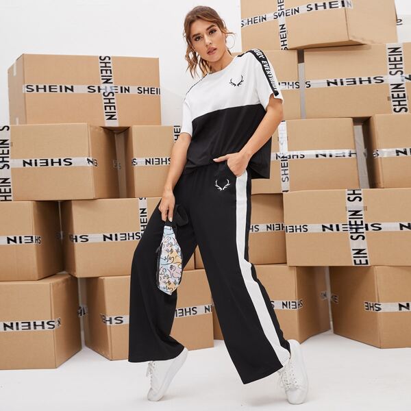 

Contrast Letter Tape Side Top And Pants Set, Black and white