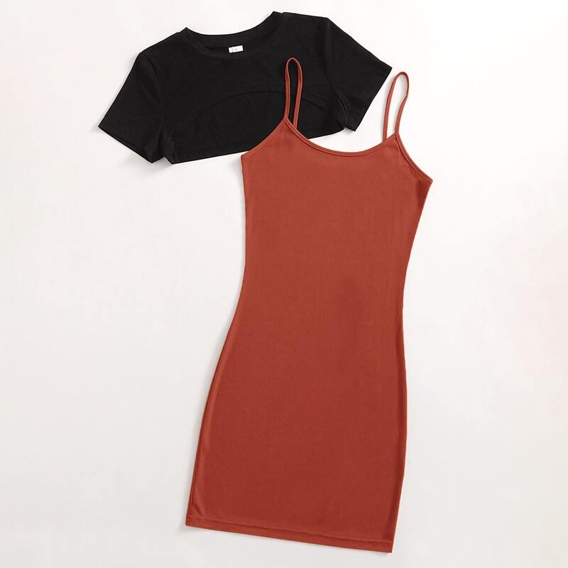 

Solid Ribbed Cami Dress & Super Crop Top, Multicolor