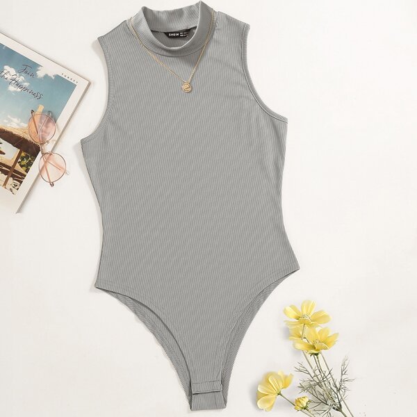 

Solid Mock Neck Rib Knit Bodysuit Without Necklace, Grey