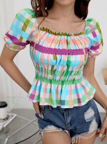 Top peplum con fruncido de guingán - Multicolor - Ver 1