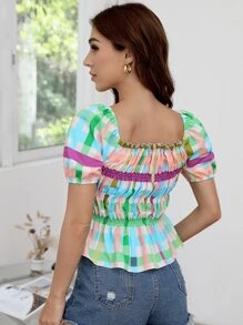 Top peplum con fruncido de guingán - Multicolor - Ver 2