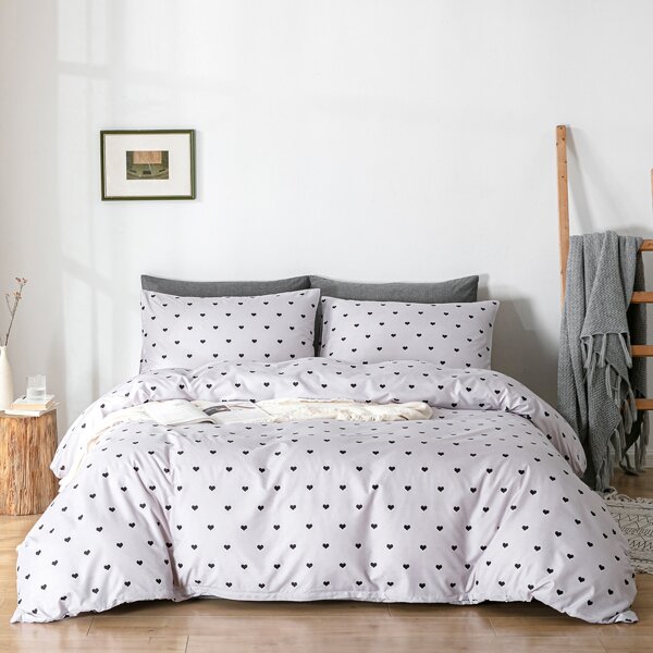 

Heart Print Duvet Cover Set Without Filler, Light grey