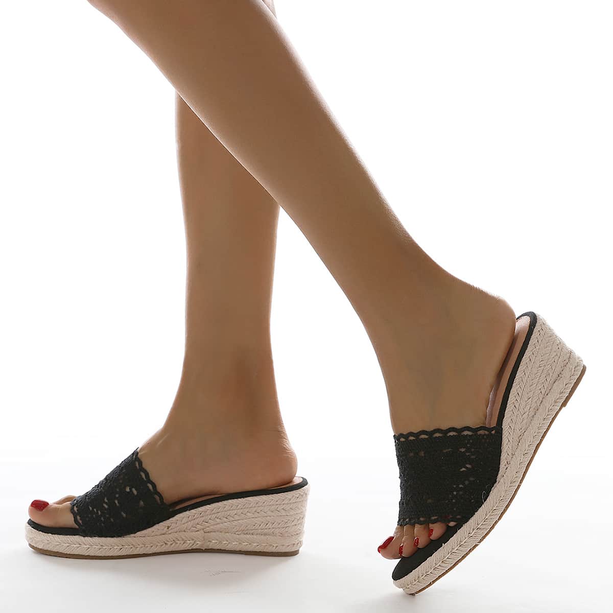

Lace Panel Wedge Mules, Black