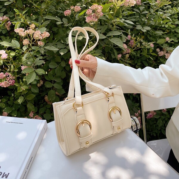

Double Buckle Decor Shoulder Bag, Beige