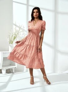 GENKIRA Allover Print Puff Sleeve A-line Dress - Rusty Rose - View 1