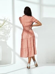 GENKIRA Allover Print Puff Sleeve A-line Dress - Rusty Rose - View 2