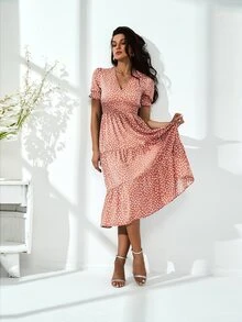 GENKIRA Allover Print Puff Sleeve A-line Dress - Rusty Rose - View 3